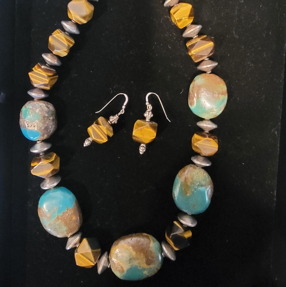 Chunky Turquoise Tiger Eye Sterling 925 Necklace 20" earrings set - Picture 7 of 7